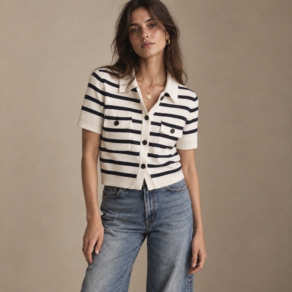 J.Crew Collared Short Sleeve Cardigan Ivory Navy Stripe Sz L